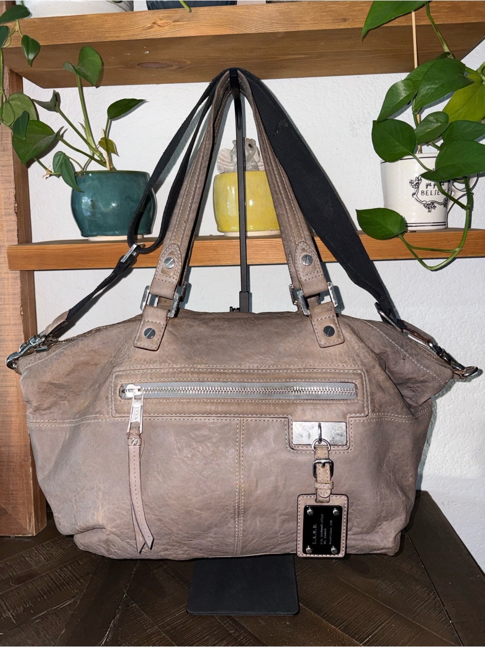 L.A.M.B. Taupe Brown Leather Shoulder Bag with Front Zip